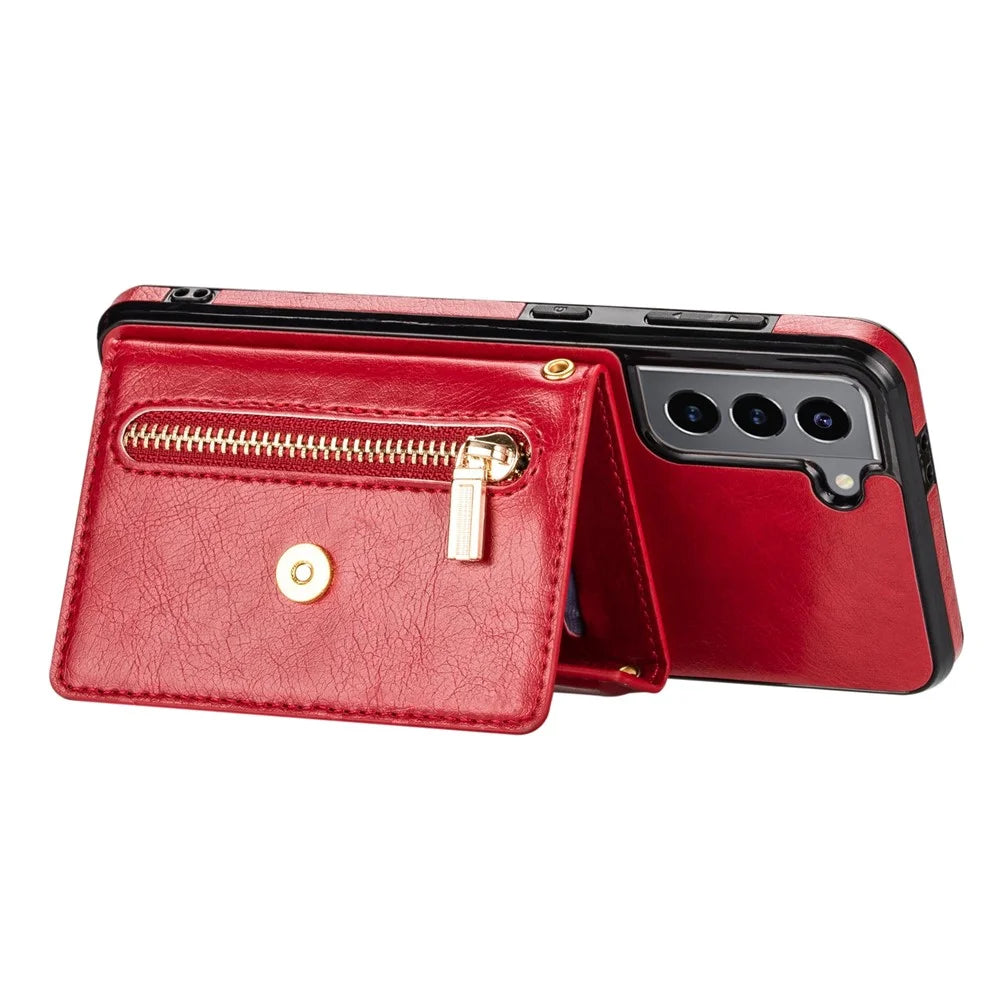 N.BEKUS for Samsung Galaxy S22+ 5G Case, PU Leather Coated TPU Kickstand Cover with Card Slots Holder and Strap - Red - 4