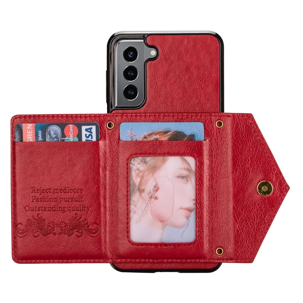 N.BEKUS for Samsung Galaxy S22+ 5G Case, PU Leather Coated TPU Kickstand Cover with Card Slots Holder and Strap - Red - 5