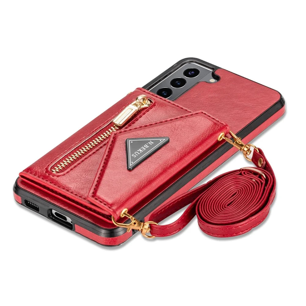 N.BEKUS for Samsung Galaxy S22+ 5G Case, PU Leather Coated TPU Kickstand Cover with Card Slots Holder and Strap - Red - 6