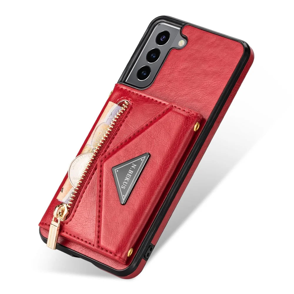 N.BEKUS for Samsung Galaxy S22+ 5G Case, PU Leather Coated TPU Kickstand Cover with Card Slots Holder and Strap - Red - 7
