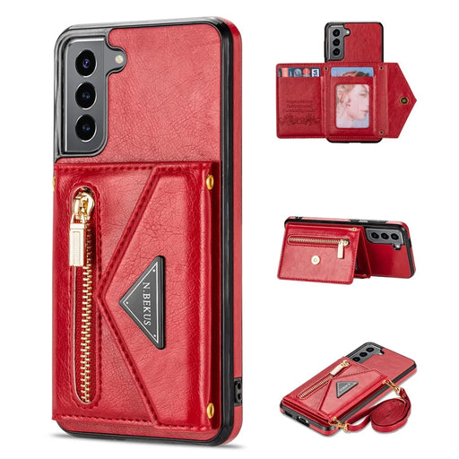 N.BEKUS for Samsung Galaxy S22+ 5G Case, PU Leather Coated TPU Kickstand Cover with Card Slots Holder and Strap - Red - 1