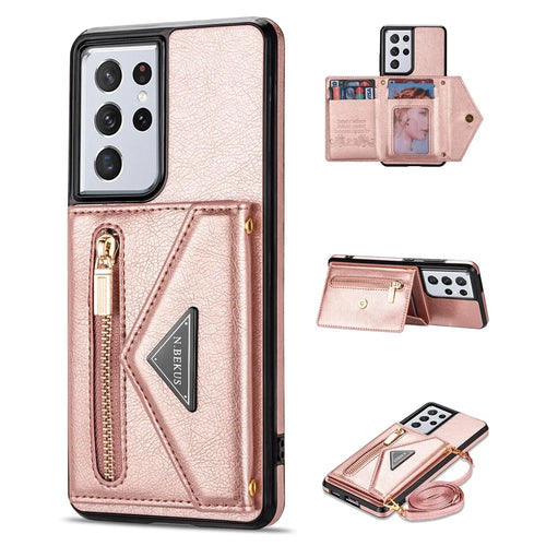 N.BEKUS Zipper Card Holder Phone Case for Samsung Galaxy S22 Ultra 5G, PU Leather Coated TPU Magnetic Shockproof Protective Cover with Strap - Pink - 1