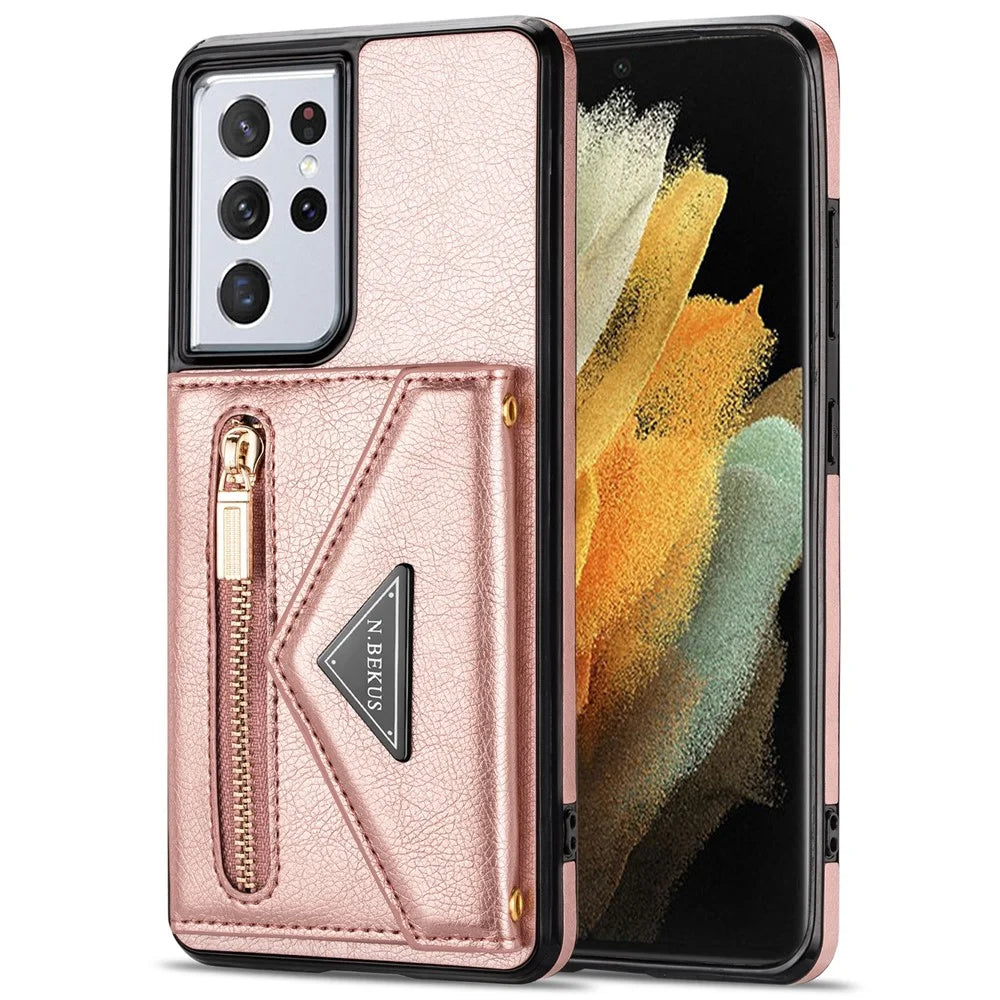 N.BEKUS Zipper Card Holder Phone Case for Samsung Galaxy S22 Ultra 5G, PU Leather Coated TPU Magnetic Shockproof Protective Cover with Strap - Pink - 2