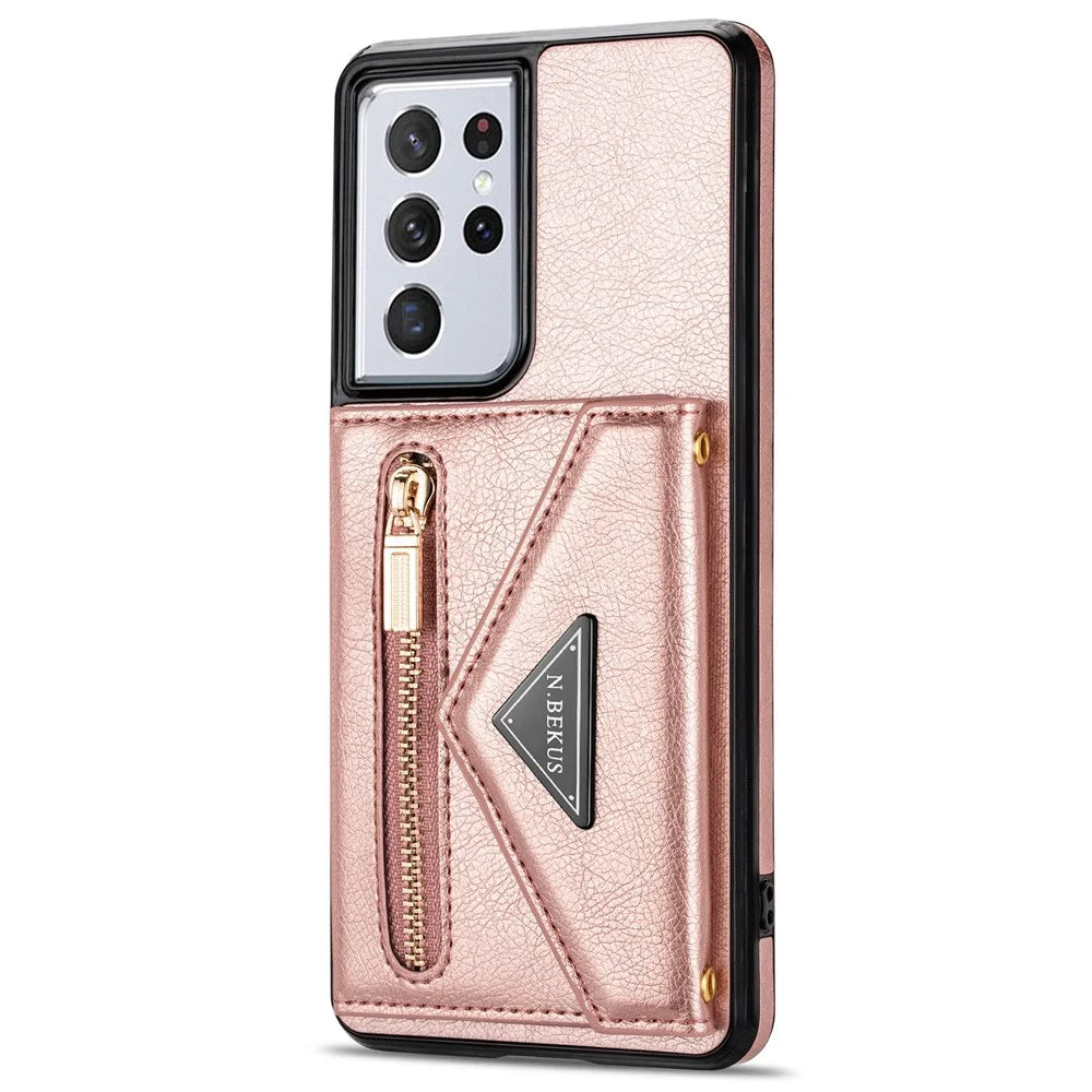 N.BEKUS Zipper Card Holder Phone Case for Samsung Galaxy S22 Ultra 5G, PU Leather Coated TPU Magnetic Shockproof Protective Cover with Strap - Pink - 3