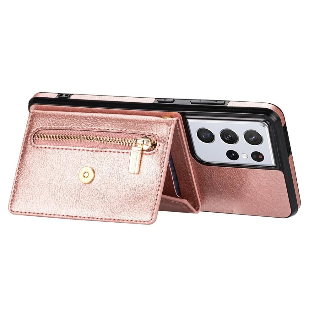 N.BEKUS Zipper Card Holder Phone Case for Samsung Galaxy S22 Ultra 5G, PU Leather Coated TPU Magnetic Shockproof Protective Cover with Strap - Pink - 4