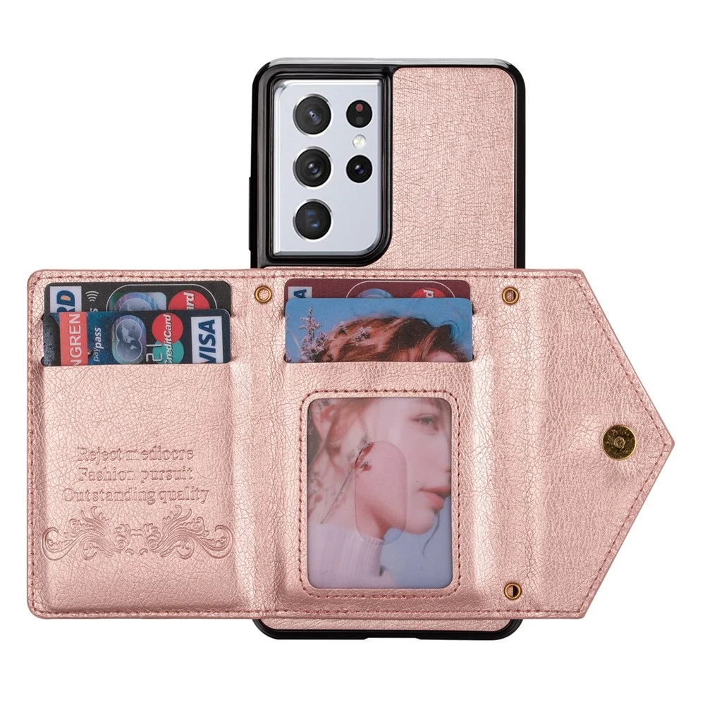 N.BEKUS Zipper Card Holder Phone Case for Samsung Galaxy S22 Ultra 5G, PU Leather Coated TPU Magnetic Shockproof Protective Cover with Strap - Pink - 5