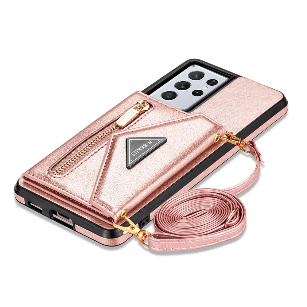 N.BEKUS Zipper Card Holder Phone Case for Samsung Galaxy S22 Ultra 5G, PU Leather Coated TPU Magnetic Shockproof Protective Cover with Strap - Pink - 6