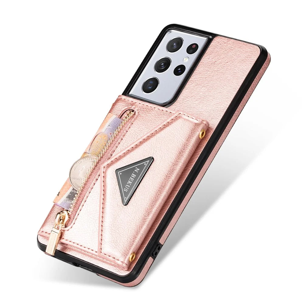 N.BEKUS Zipper Card Holder Phone Case for Samsung Galaxy S22 Ultra 5G, PU Leather Coated TPU Magnetic Shockproof Protective Cover with Strap - Pink - 7