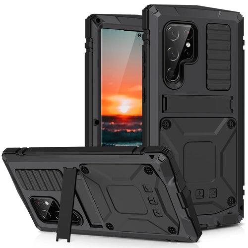 For Samsung Galaxy S22 Ultra 5G Precise Cutouts Shockproof Dustproof Drop-proof Kickstand Phone Case TPU + Metal Hybrid Cover - Black - 1