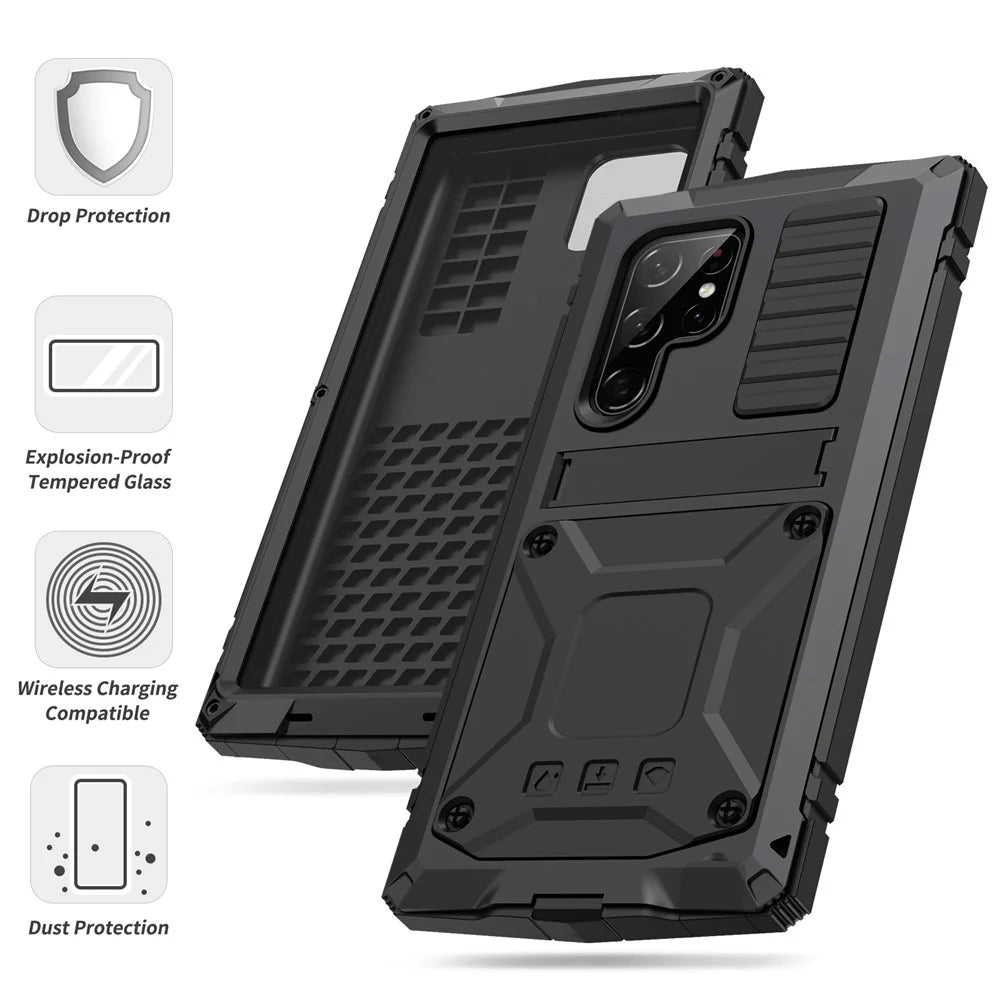 For Samsung Galaxy S22 Ultra 5G Precise Cutouts Shockproof Dustproof Drop-proof Kickstand Phone Case TPU + Metal Hybrid Cover - Black - 6