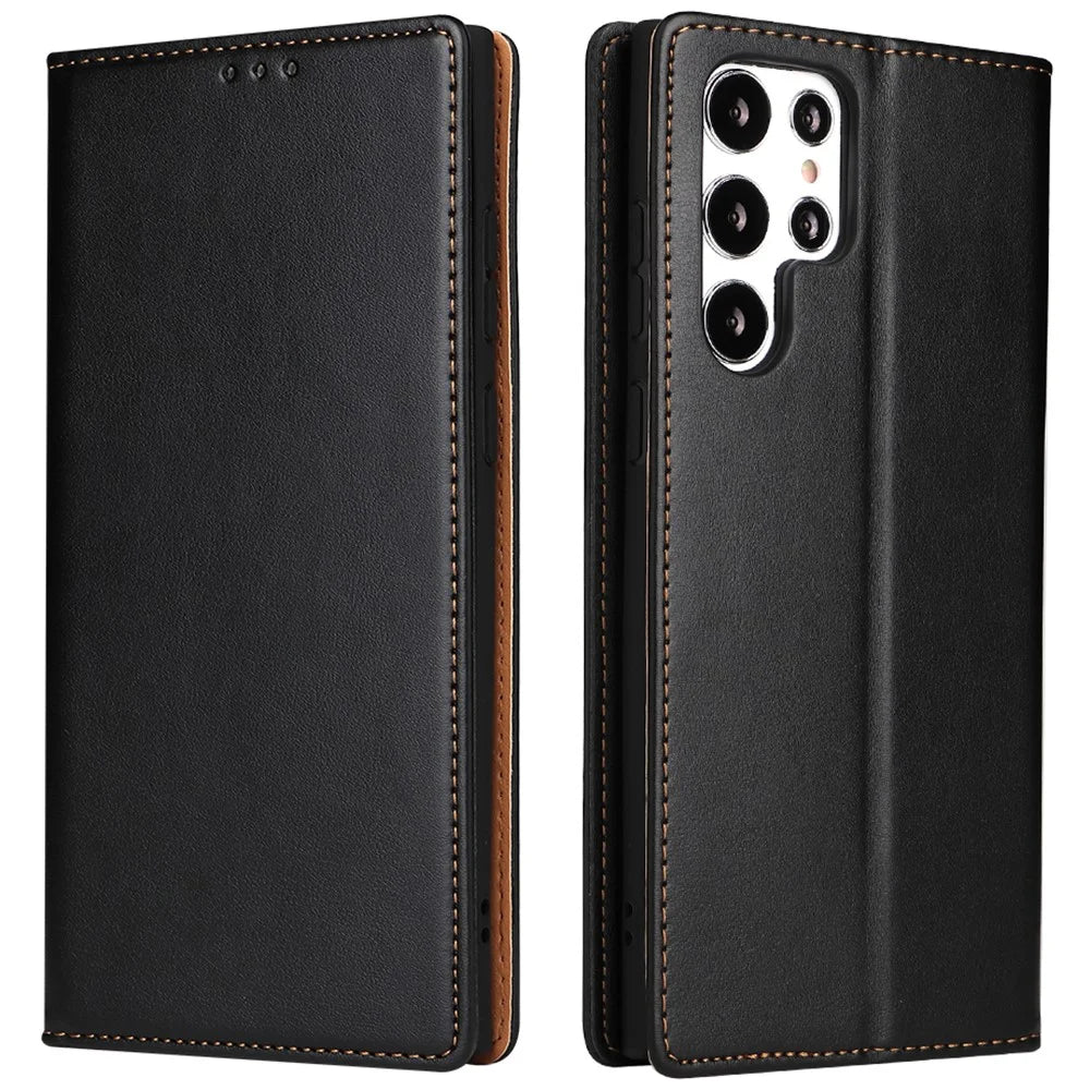 FIERRE SHANN For Samsung Galaxy S22 Ultra 5G PU Leather Wallet Stand Folio Flip Phone Case Magnetic Auto Closing Cover - Black - 1