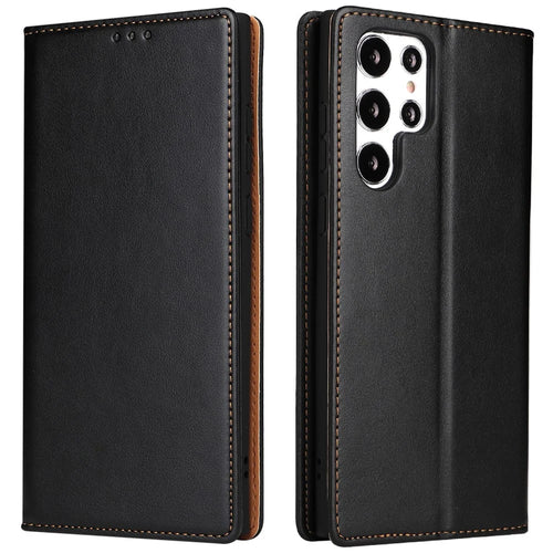 FIERRE SHANN For Samsung Galaxy S22 Ultra 5G PU Leather Wallet Stand Folio Flip Phone Case Magnetic Auto Closing Cover - Black - 1