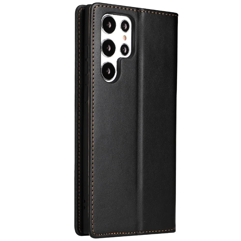 FIERRE SHANN For Samsung Galaxy S22 Ultra 5G PU Leather Wallet Stand Folio Flip Phone Case Magnetic Auto Closing Cover - Black - 3