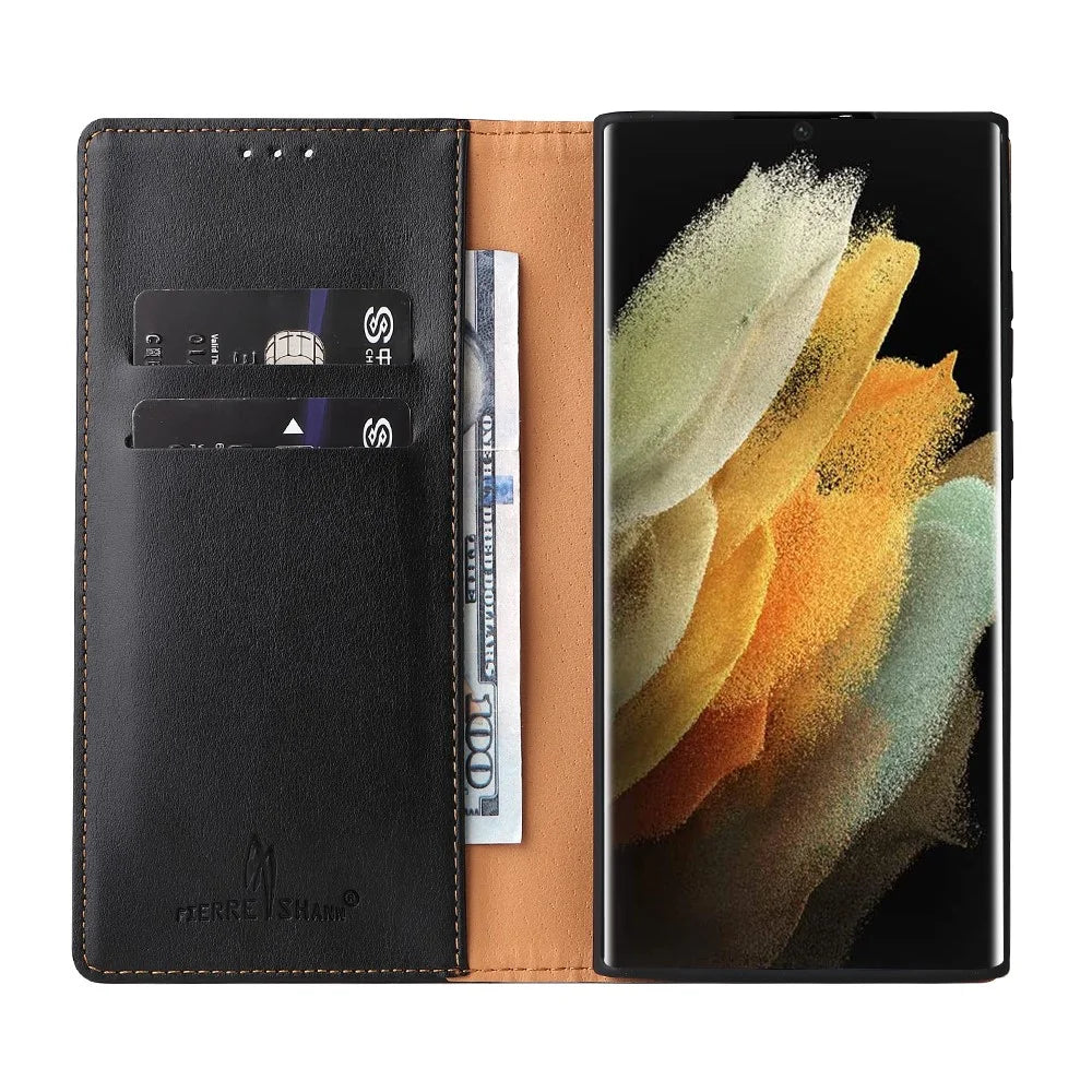 FIERRE SHANN For Samsung Galaxy S22 Ultra 5G PU Leather Wallet Stand Folio Flip Phone Case Magnetic Auto Closing Cover - Black - 4