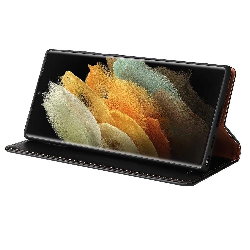 FIERRE SHANN For Samsung Galaxy S22 Ultra 5G PU Leather Wallet Stand Folio Flip Phone Case Magnetic Auto Closing Cover - Black - 5