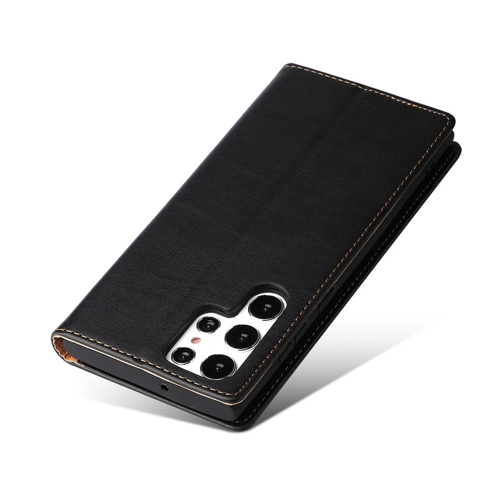 FIERRE SHANN For Samsung Galaxy S22 Ultra 5G PU Leather Wallet Stand Folio Flip Phone Case Magnetic Auto Closing Cover - Black - 7