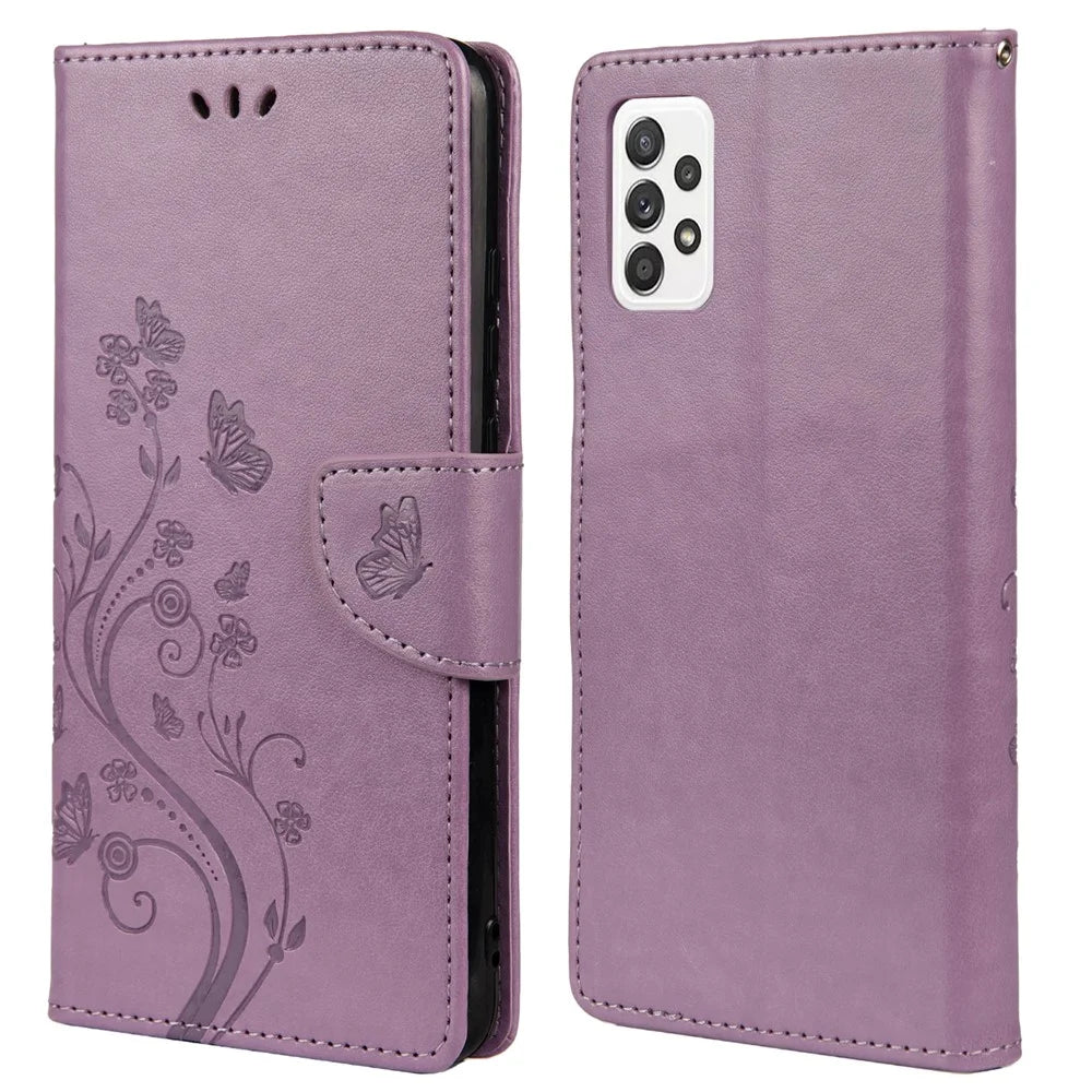 For Samsung Galaxy A23 5G Well-protected Imprint Butterflies Stylish Leather Phone Case Wallet Stand Phone Shell - Light Purple - 1