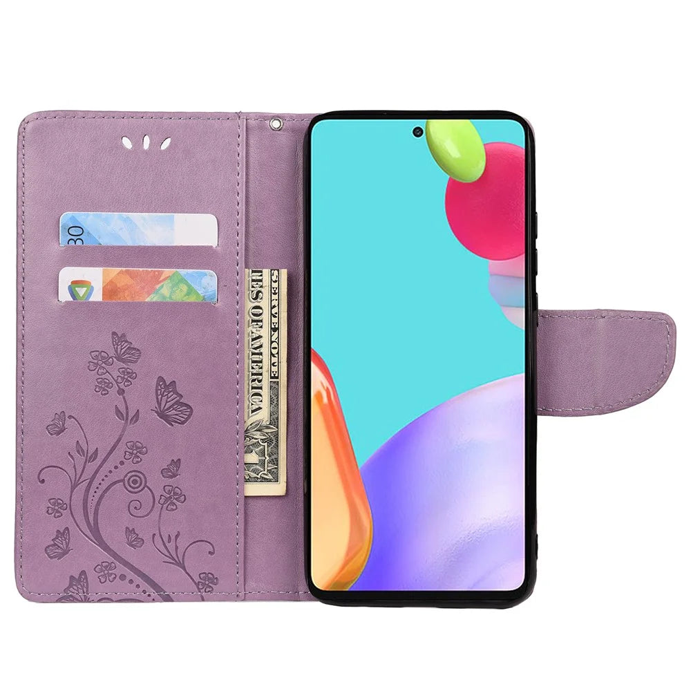 For Samsung Galaxy A23 5G Well-protected Imprint Butterflies Stylish Leather Phone Case Wallet Stand Phone Shell - Light Purple - 4