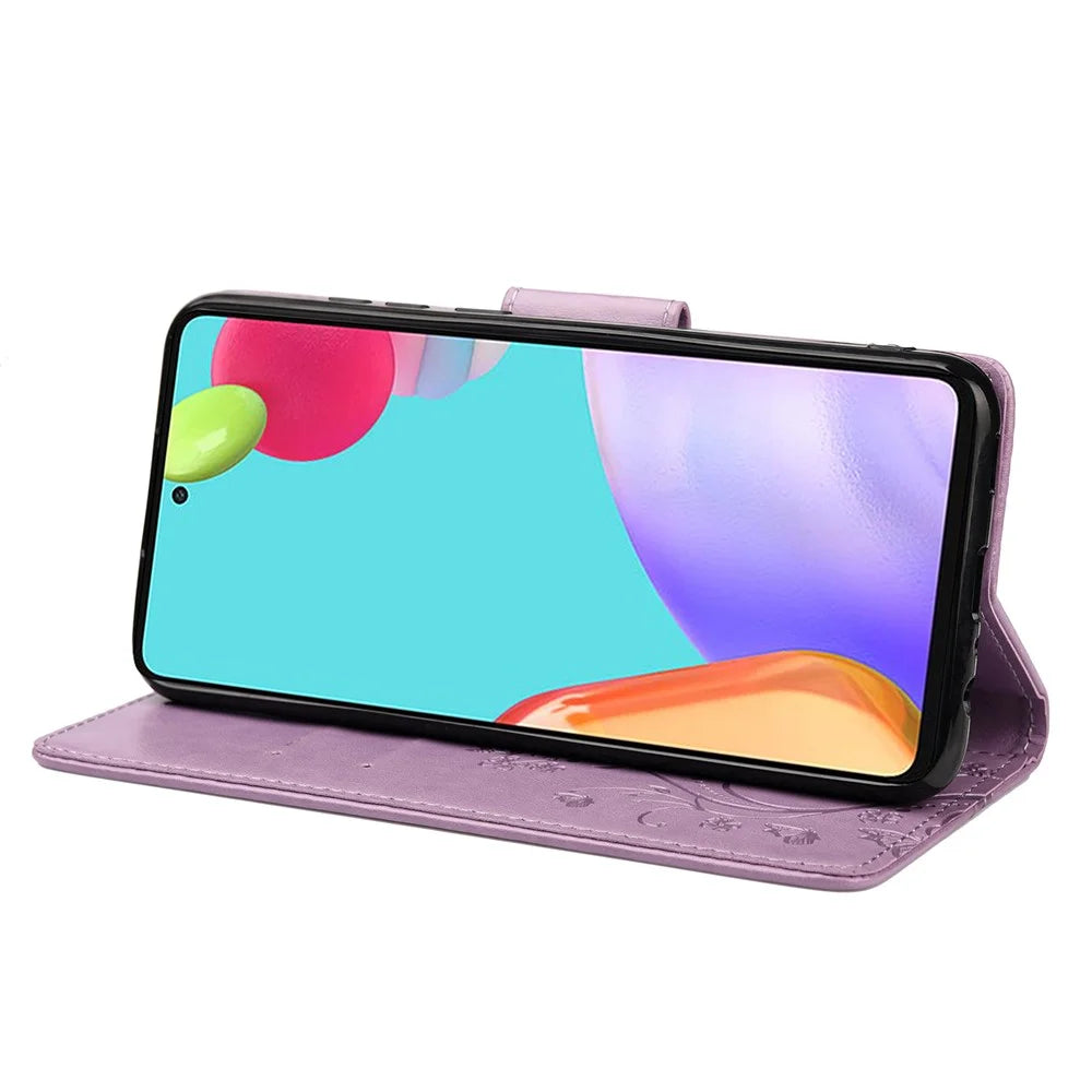 For Samsung Galaxy A23 5G Well-protected Imprint Butterflies Stylish Leather Phone Case Wallet Stand Phone Shell - Light Purple - 5