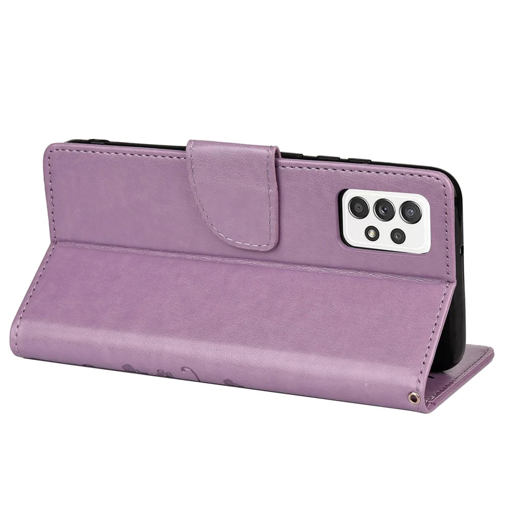 For Samsung Galaxy A23 5G Well-protected Imprint Butterflies Stylish Leather Phone Case Wallet Stand Phone Shell - Light Purple - 6