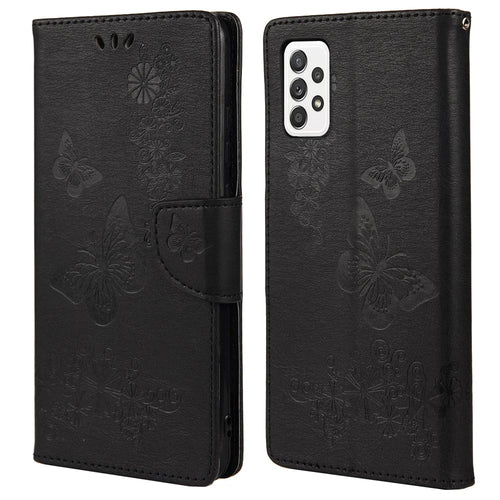 For Samsung Galaxy A23 5G (Global) Big Butterflies Imprinted Leather Stand Case Wallet Cover - Black - 1