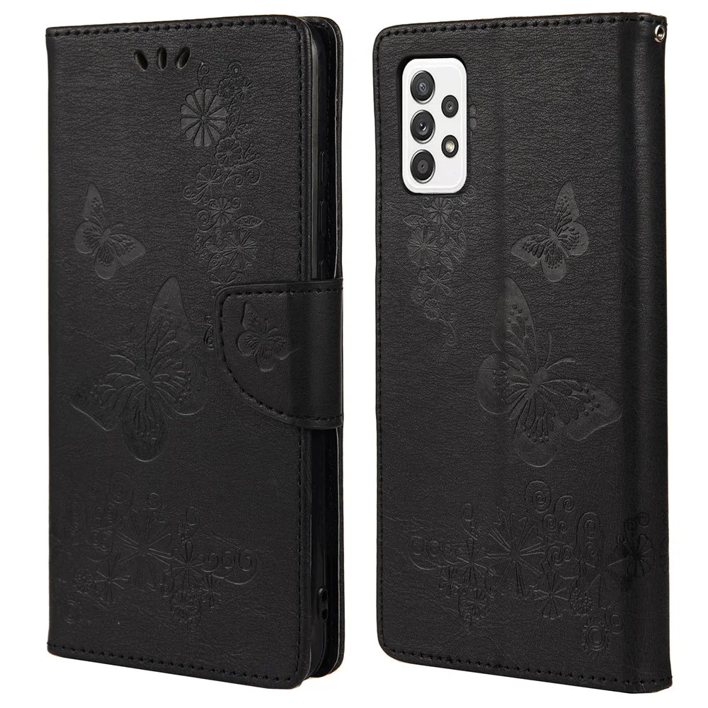 For Samsung Galaxy A23 5G (Global) Big Butterflies Imprinted Leather Stand Case Wallet Cover - Black - 1