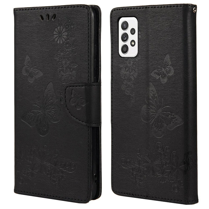 For Samsung Galaxy A23 5G (Global) Big Butterflies Imprinted Leather Stand Case Wallet Cover - Black - 1