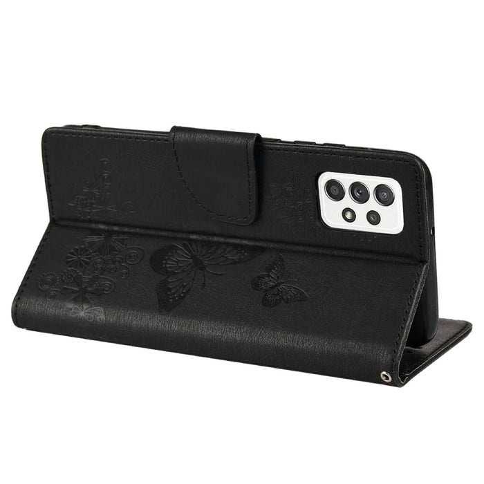 For Samsung Galaxy A23 5G (Global) Big Butterflies Imprinted Leather Stand Case Wallet Cover - Black - 6