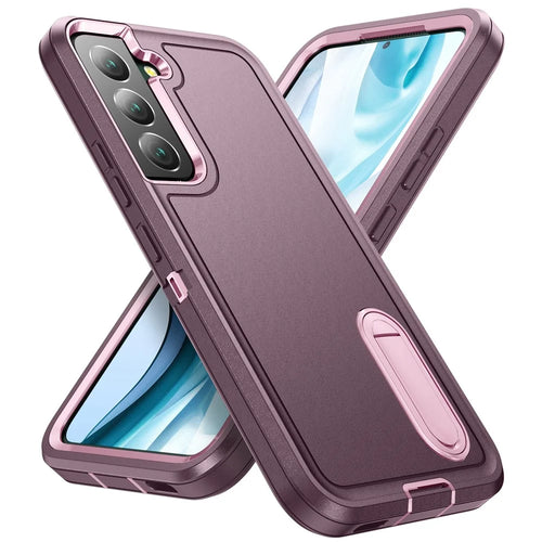 Defender Series Metal Kickstand Phone Case for Samsung Galaxy S22 5G, Drop-resistant PC + TPU Hybrid Cover - Purplish Red/Pink - 1
