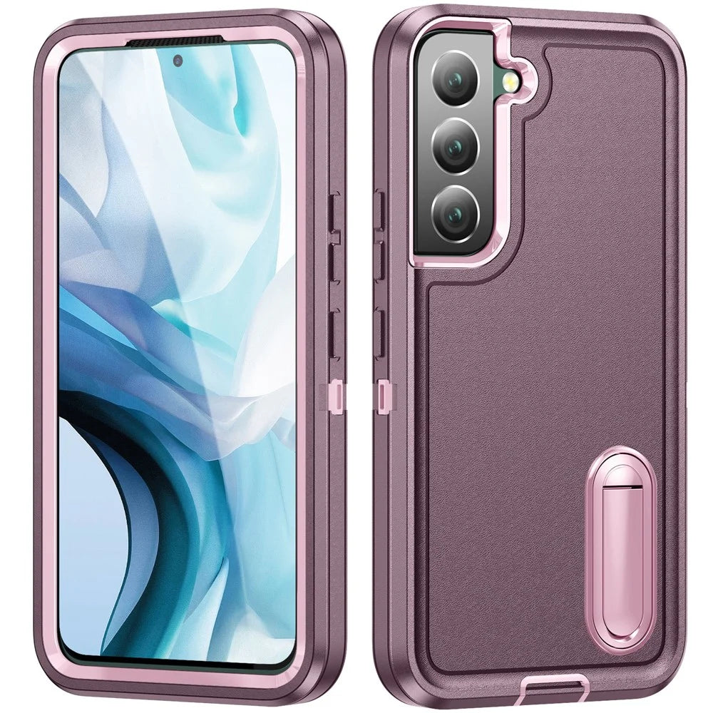 Defender Series Metal Kickstand Phone Case for Samsung Galaxy S22 5G, Drop-resistant PC + TPU Hybrid Cover - Purplish Red/Pink - 2