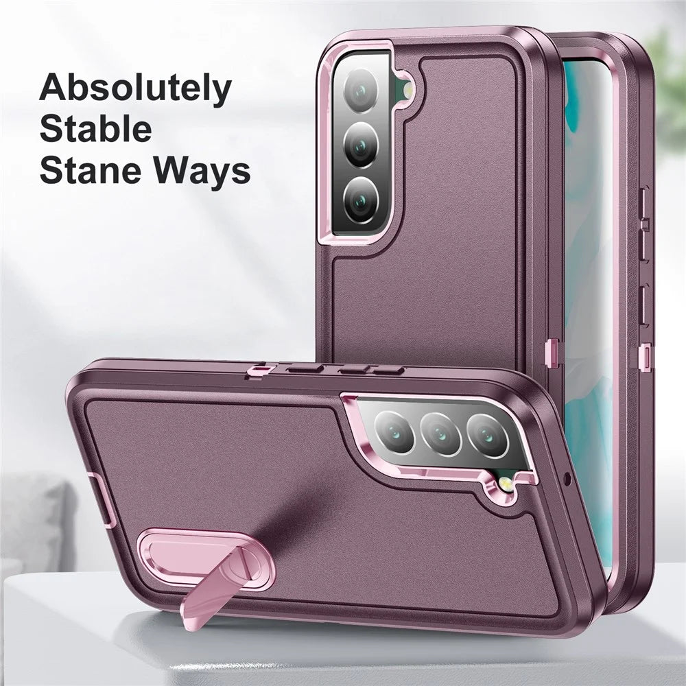 Defender Series Metal Kickstand Phone Case for Samsung Galaxy S22 5G, Drop-resistant PC + TPU Hybrid Cover - Purplish Red/Pink - 3