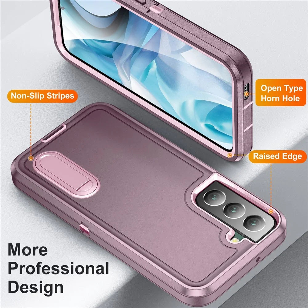 Defender Series Metal Kickstand Phone Case for Samsung Galaxy S22 5G, Drop-resistant PC + TPU Hybrid Cover - Purplish Red/Pink - 4