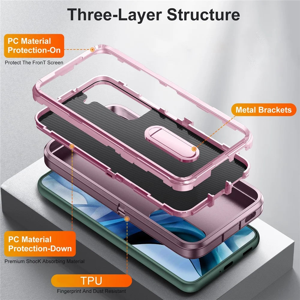 Defender Series Metal Kickstand Phone Case for Samsung Galaxy S22 5G, Drop-resistant PC + TPU Hybrid Cover - Purplish Red/Pink - 5