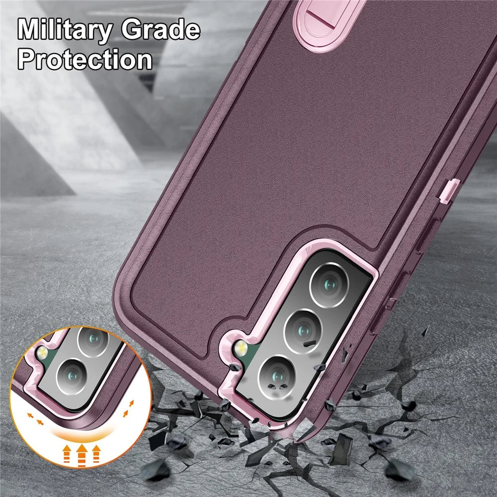 Defender Series Metal Kickstand Phone Case for Samsung Galaxy S22 5G, Drop-resistant PC + TPU Hybrid Cover - Purplish Red/Pink - 7