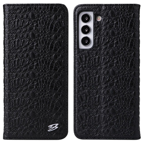FIERRE SHANN for Samsung Galaxy S22 5G Top Layer Cowhide Leather Crocodile Texture Wallet Stand Magnetic Phone Case - Black - 1