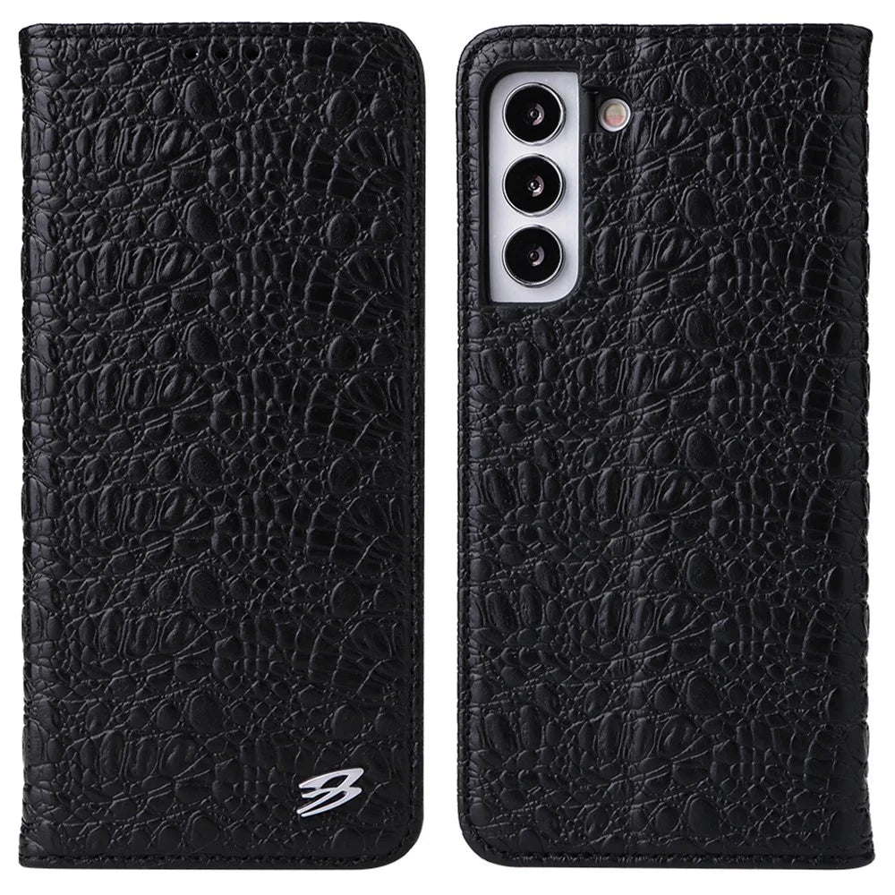 FIERRE SHANN for Samsung Galaxy S22 5G Top Layer Cowhide Leather Crocodile Texture Wallet Stand Magnetic Phone Case - Black - 1