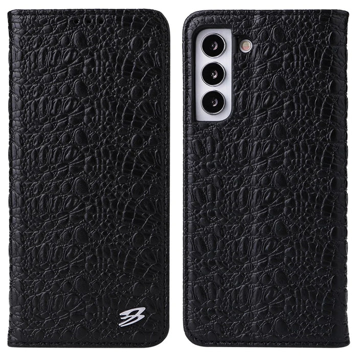 FIERRE SHANN for Samsung Galaxy S22 5G Top Layer Cowhide Leather Crocodile Texture Wallet Stand Magnetic Phone Case - Black - 1