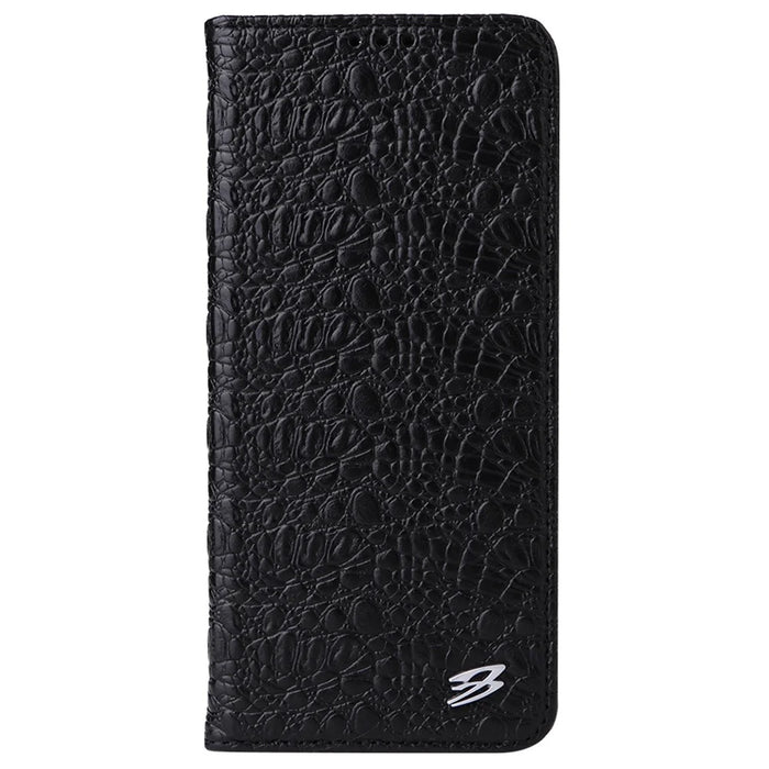 FIERRE SHANN for Samsung Galaxy S22 5G Top Layer Cowhide Leather Crocodile Texture Wallet Stand Magnetic Phone Case - Black - 2