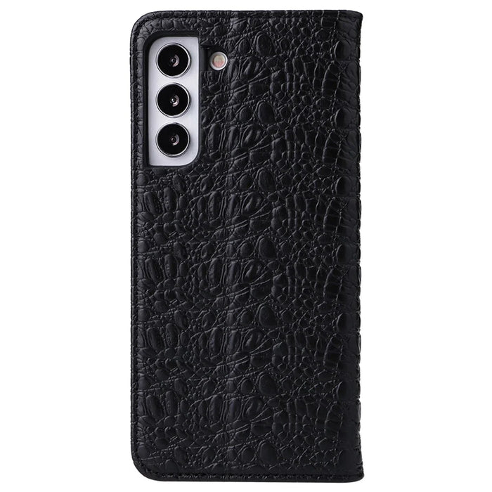 FIERRE SHANN for Samsung Galaxy S22 5G Top Layer Cowhide Leather Crocodile Texture Wallet Stand Magnetic Phone Case - Black - 3