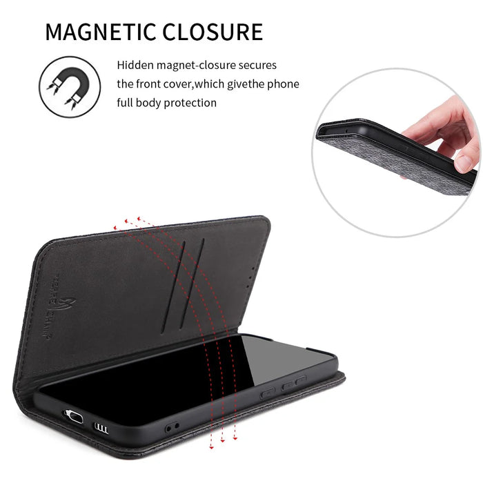FIERRE SHANN for Samsung Galaxy S22 5G Top Layer Cowhide Leather Crocodile Texture Wallet Stand Magnetic Phone Case - Black - 5