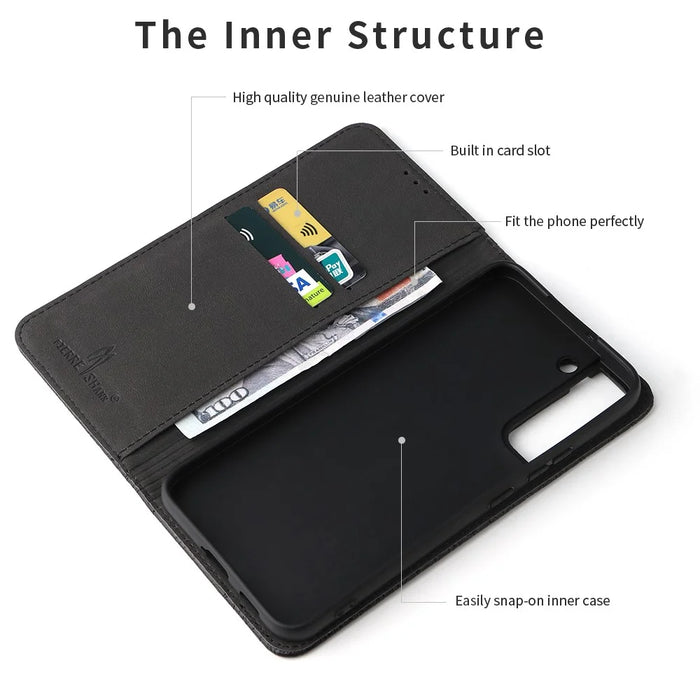 FIERRE SHANN for Samsung Galaxy S22 5G Top Layer Cowhide Leather Crocodile Texture Wallet Stand Magnetic Phone Case - Black - 6