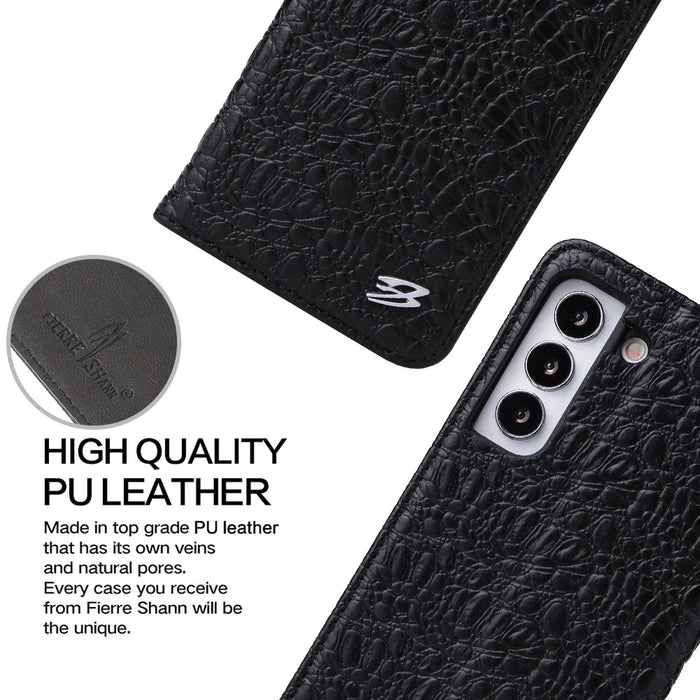 FIERRE SHANN for Samsung Galaxy S22 5G Top Layer Cowhide Leather Crocodile Texture Wallet Stand Magnetic Phone Case - Black - 7