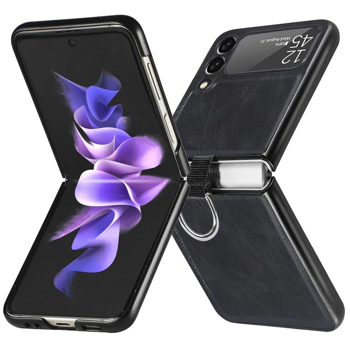 For Samsung Galaxy Z Flip3 5G PU Leather Coated Hard PC Folding Phone Case with Ring Holder - Black - 1