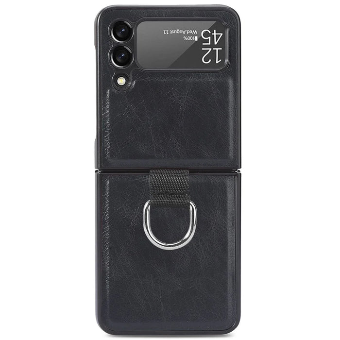 For Samsung Galaxy Z Flip3 5G PU Leather Coated Hard PC Folding Phone Case with Ring Holder - Black - 2
