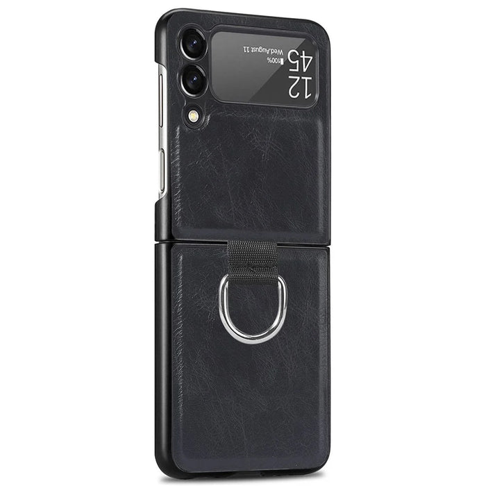 For Samsung Galaxy Z Flip3 5G PU Leather Coated Hard PC Folding Phone Case with Ring Holder - Black - 3