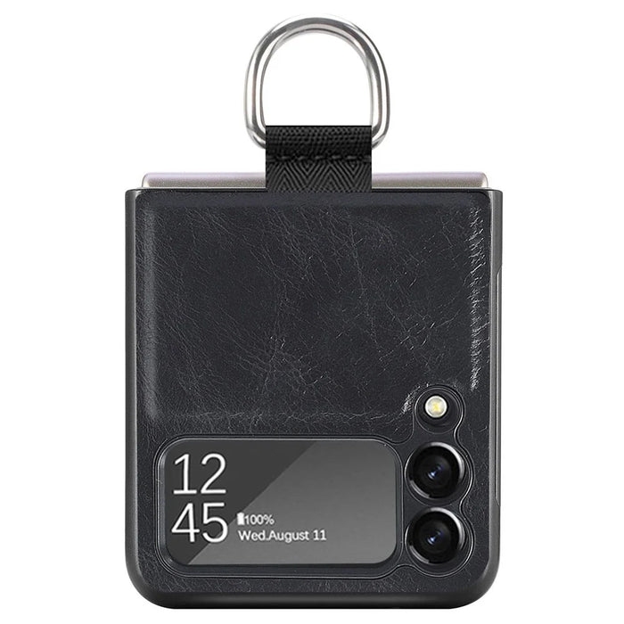 For Samsung Galaxy Z Flip3 5G PU Leather Coated Hard PC Folding Phone Case with Ring Holder - Black - 4