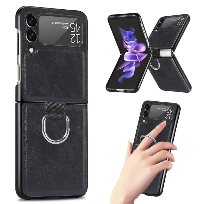 For Samsung Galaxy Z Flip3 5G PU Leather Coated Hard PC Folding Phone Case with Ring Holder - Black - 6