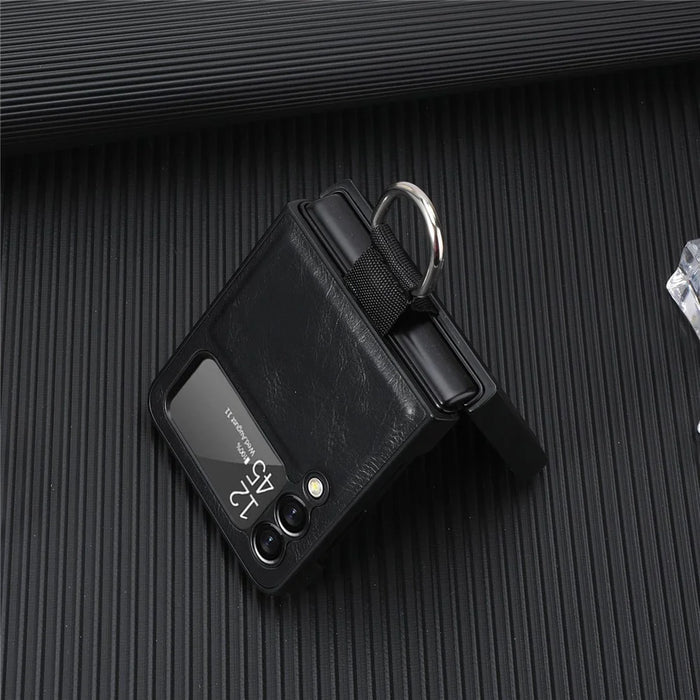 For Samsung Galaxy Z Flip3 5G PU Leather Coated Hard PC Folding Phone Case with Ring Holder - Black - 7