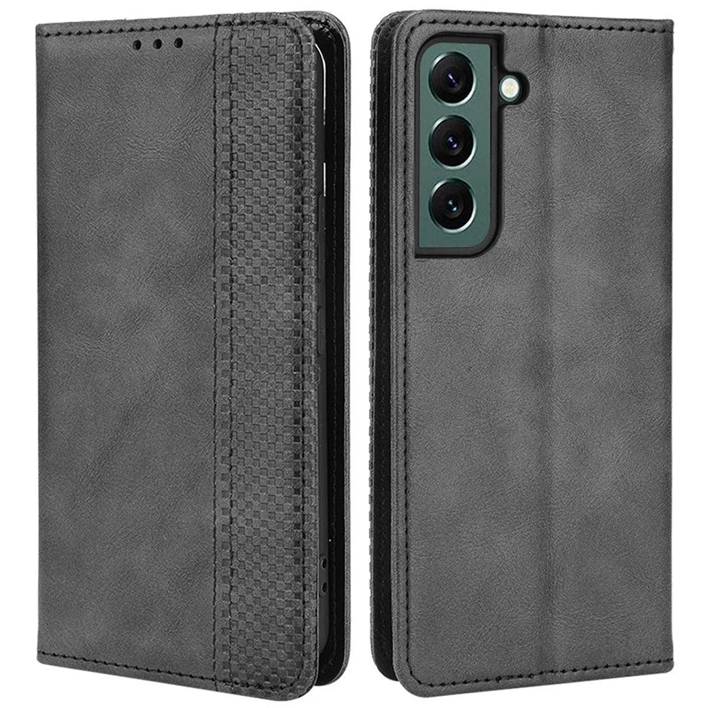 For Samsung Galaxy S22 5G Vintage PU Leather Flip Case Magnetic Auto Closing  Stand Wallet Imprinted Mosaic Stylish Cover - Black - 1