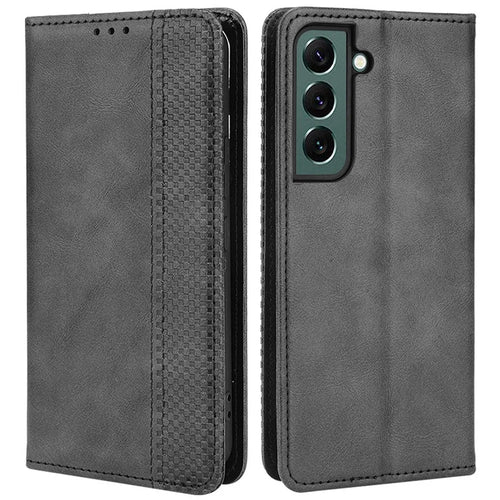 For Samsung Galaxy S22 5G Vintage PU Leather Flip Case Magnetic Auto Closing  Stand Wallet Imprinted Mosaic Stylish Cover - Black - 1
